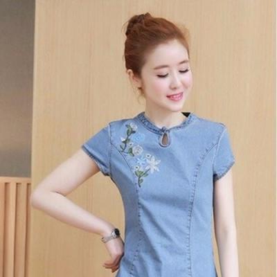 Đầm jean suông cổ tàu thêu hoa -  NJ946
